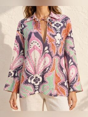 Zara Linen Cotton Blend Paisley Tie Neck Blouse Multicolor Medium